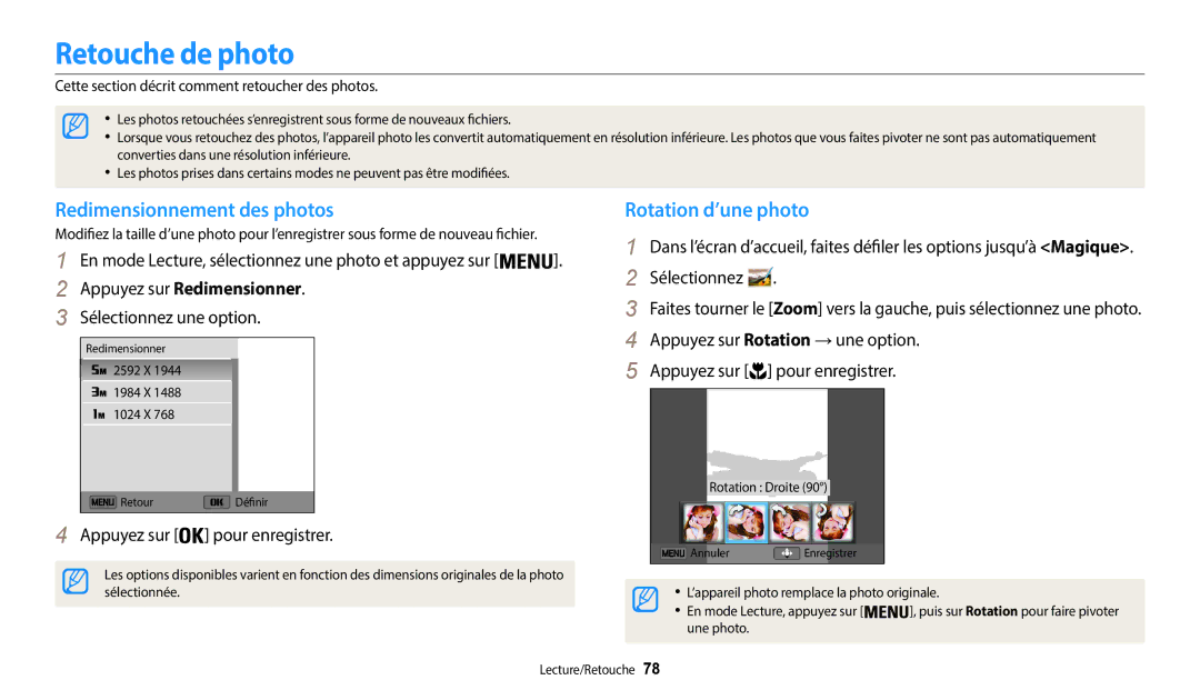 Samsung EC-WB37FZBDBFR Retouche de photo, Redimensionnement des photos, Rotation d’une photo, Appuyez sur Redimensionner 