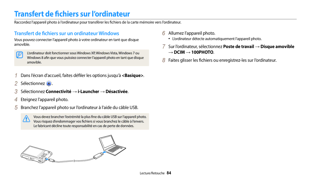 Samsung EC-WB35FZBPBFR manual Transfert de fichiers sur l’ordinateur, Transfert de fichiers sur un ordinateur Windows 