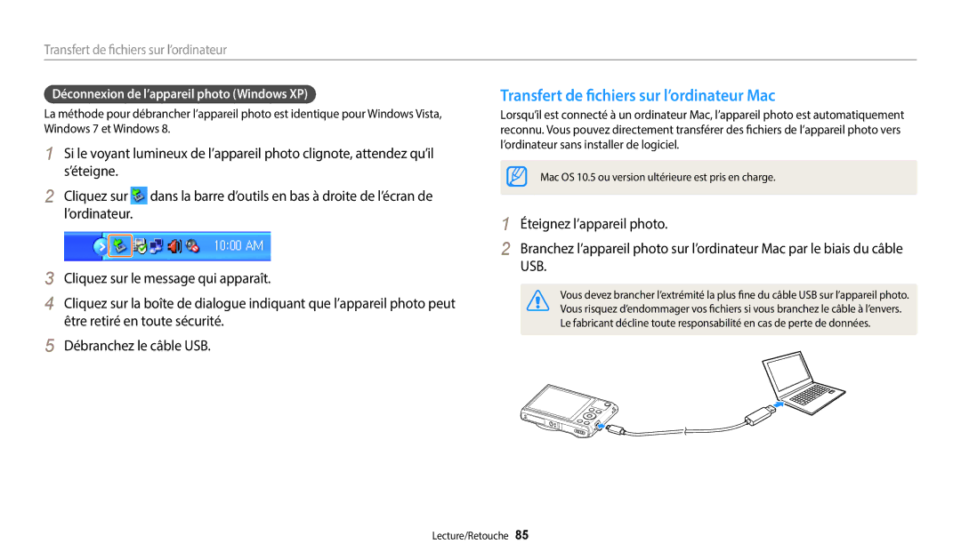 Samsung EC-WB35FZBPWFR manual Transfert de fichiers sur l’ordinateur Mac, Déconnexion de l’appareil photo Windows XP 