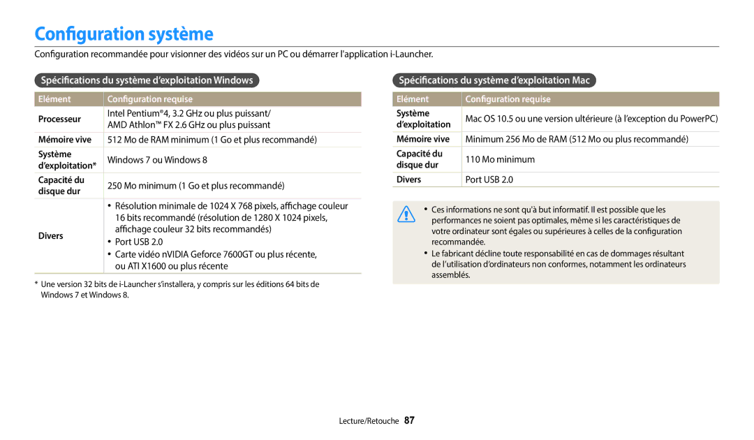 Samsung EC-WB37FZBDWFR, EC-WB35FZBPBFR manual Configuration système, Spécifications du système d’exploitation Windows 