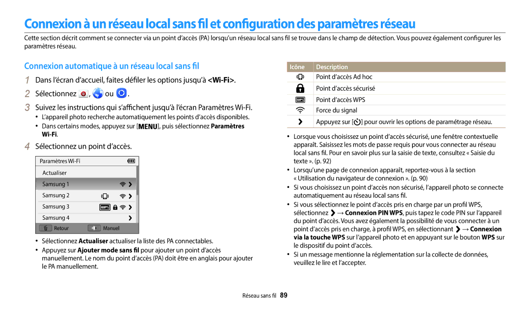 Samsung EC-WB35FZBPWFR, EC-WB37FZBDWFR Connexion automatique à un réseau local sans fil, Sélectionnez un point d’accès 