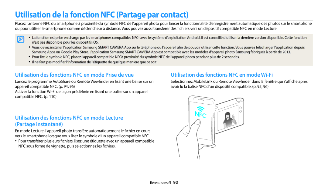 Samsung EC-WB35FZBPWFR Utilisation de la fonction NFC Partage par contact, Utilisation des fonctions NFC en mode Wi-Fi 