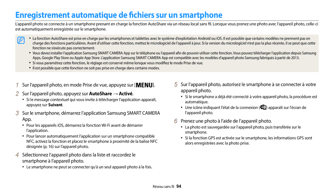 Samsung EC-WB37FZBDBFR, EC-WB37FZBDWFR, EC-WB35FZBPBFR manual Enregistrement automatique de fichiers sur un smartphone 