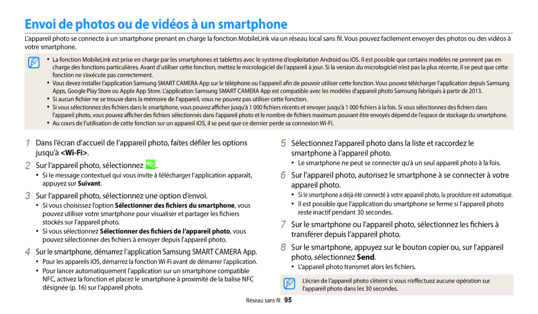 Samsung EC-WB37FZBDWFR, EC-WB35FZBPBFR, EC-WB35FZBPWFR, EC-WB37FZBDBFR manual Envoi de photos ou de vidéos à un smartphone 