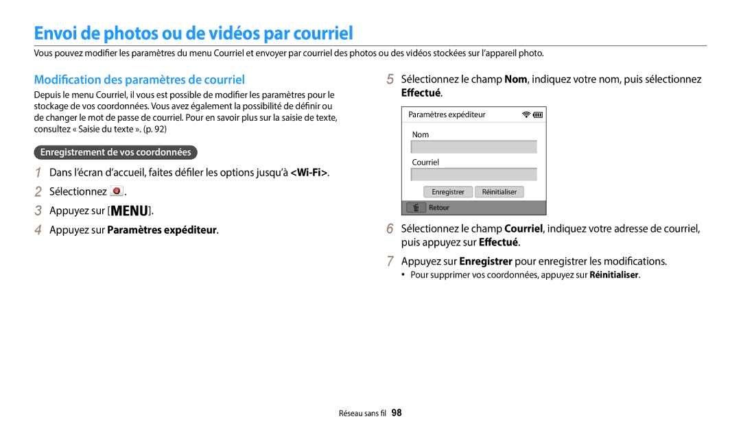 Samsung EC-WB37FZBDBFR manual Envoi de photos ou de vidéos par courriel, Modification des paramètres de courriel, Effectué 