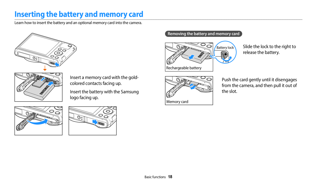 Samsung EC-WB35FZDDBZA manual Inserting the battery and memory card, Slide the lock to the right to release the battery 