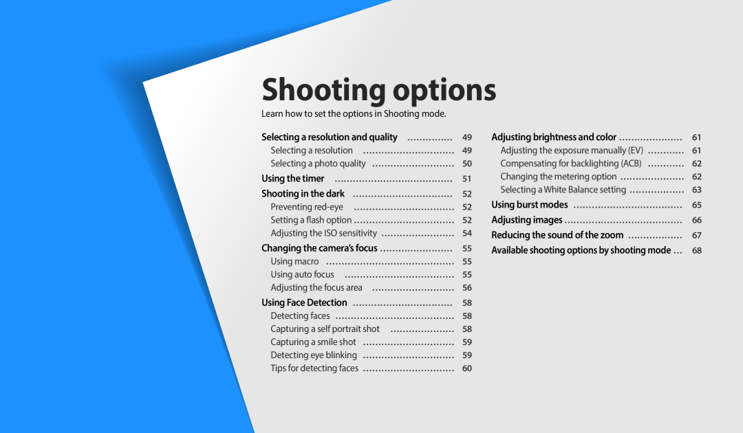 Samsung EC-WB35FZBPLE2 manual Shooting options, Adjusting brightness and color …………………, Using the timer … ………………………………… 