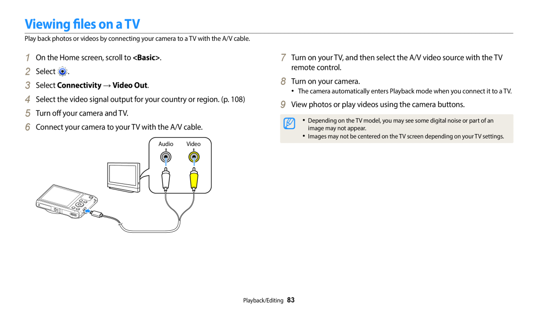 Samsung EC-WB35FZDDRME, EC-WB37FZBDWFR, EC-WB35FZBPBFR manual Viewing files on a TV, Select Connectivity → Video Out 