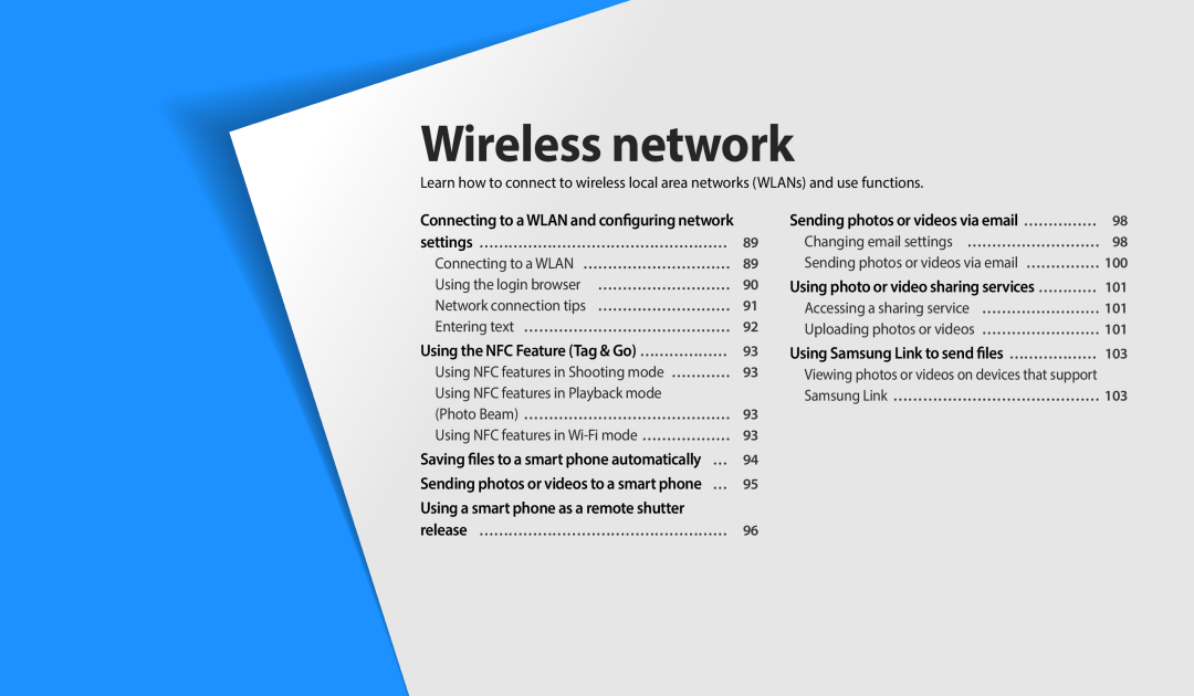 Samsung EC-WB35FZBDBSA Wireless network, Using Samsung Link to send files…………………, Using the NFC Feature Tag & Go ……………… 