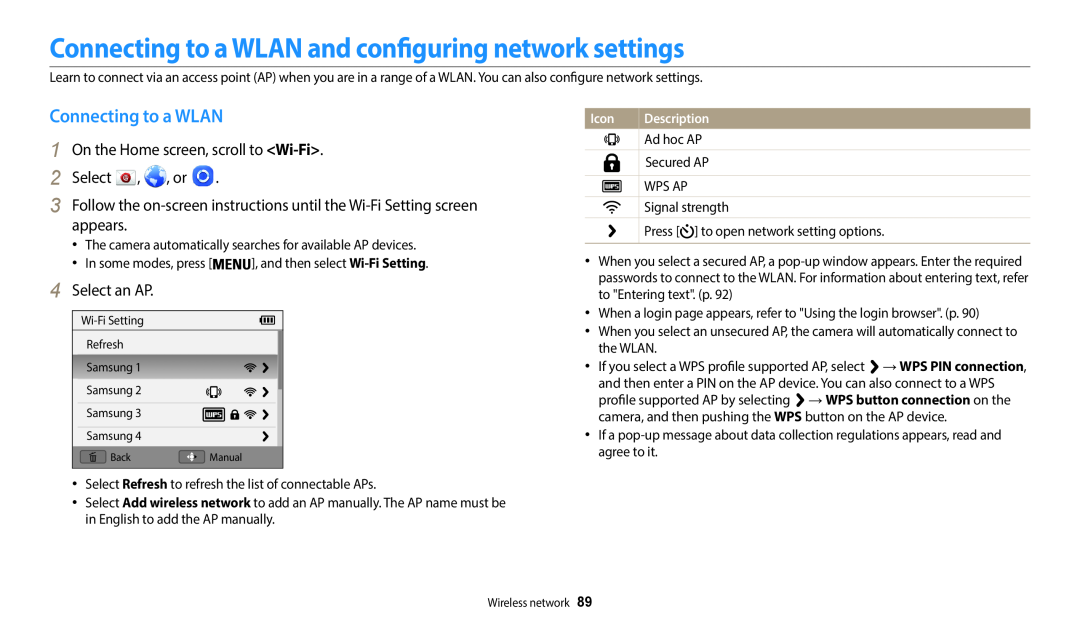 Samsung EC-WB35FZBDLM3 manual Connecting to a WLAN and configuring network settings, Select an AP, Icon, Description 