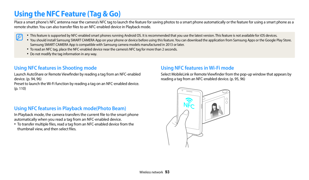 Samsung EC-WB35FZBPWRU, EC-WB37FZBDWFR, EC-WB35FZBPBFR Using the NFC Feature Tag & Go, Using NFC features in Shooting mode 
