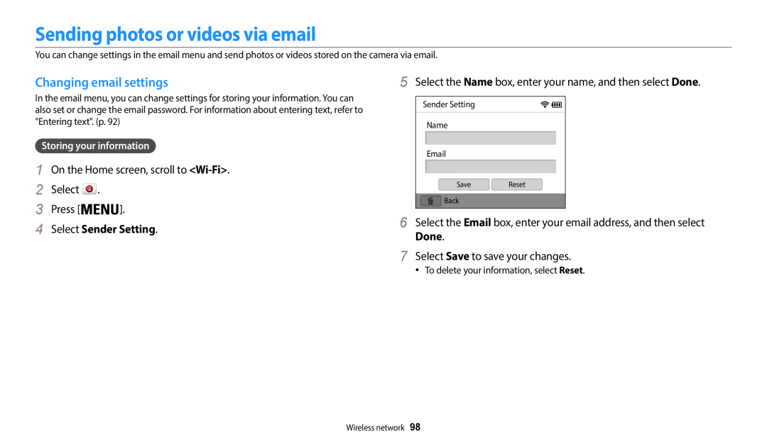 Samsung EC-WB35FZBPBRU manual Sending photos or videos via email, Changing email settings, Select Sender Setting, Done 