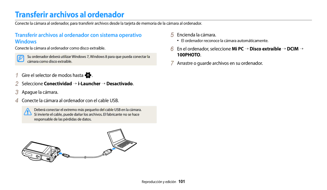 Samsung EC-WB380FBPWE1 manual Transferir archivos al ordenador, Seleccione Conectividad → i-Launcher → Desactivado 