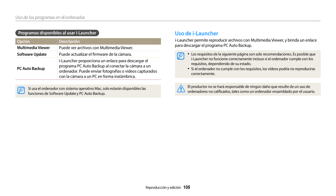 Samsung EC-WB380FBPWE1 Uso de i-Launcher, Programas disponibles al usar i-Launcher, Multimedia Viewer, Software Update 