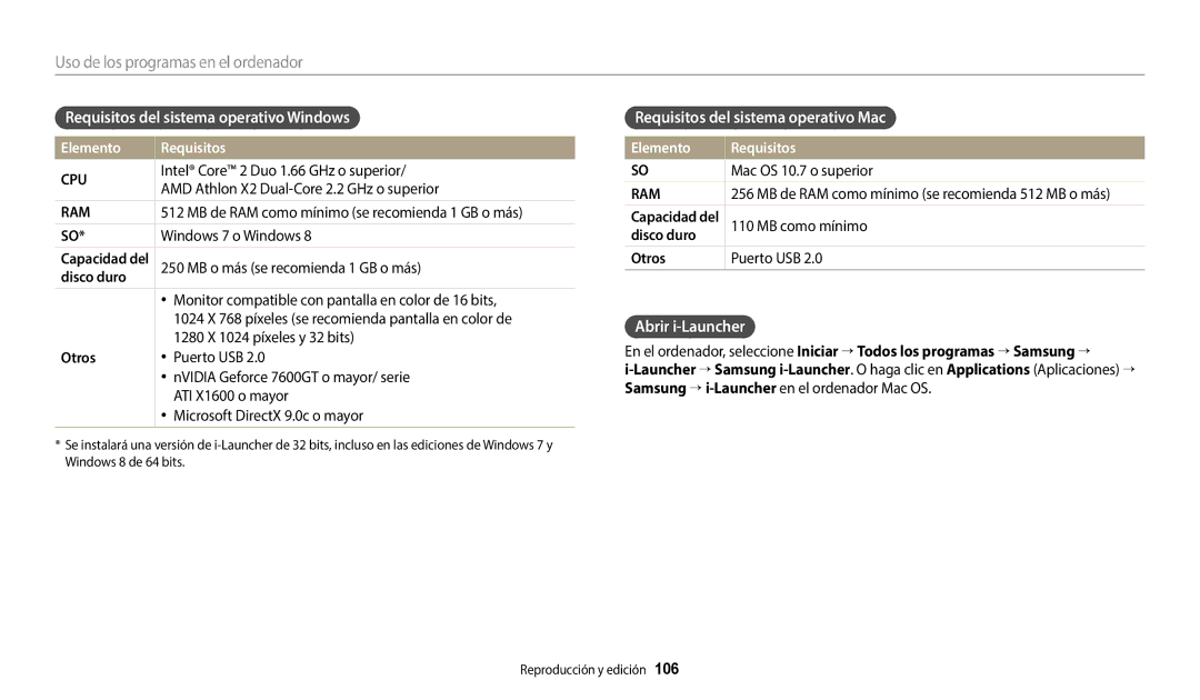 Samsung EC-WB380FBPBE1 Requisitos del sistema operativo Windows, Requisitos del sistema operativo Mac, Abrir i-Launcher 