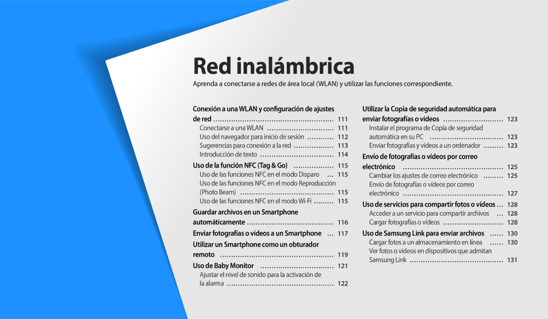 Samsung EC-WB380FBPBE1 manual Conexión a una Wlan y configuración de ajustes, Uso de la función NFC Tag & Go ……………… 