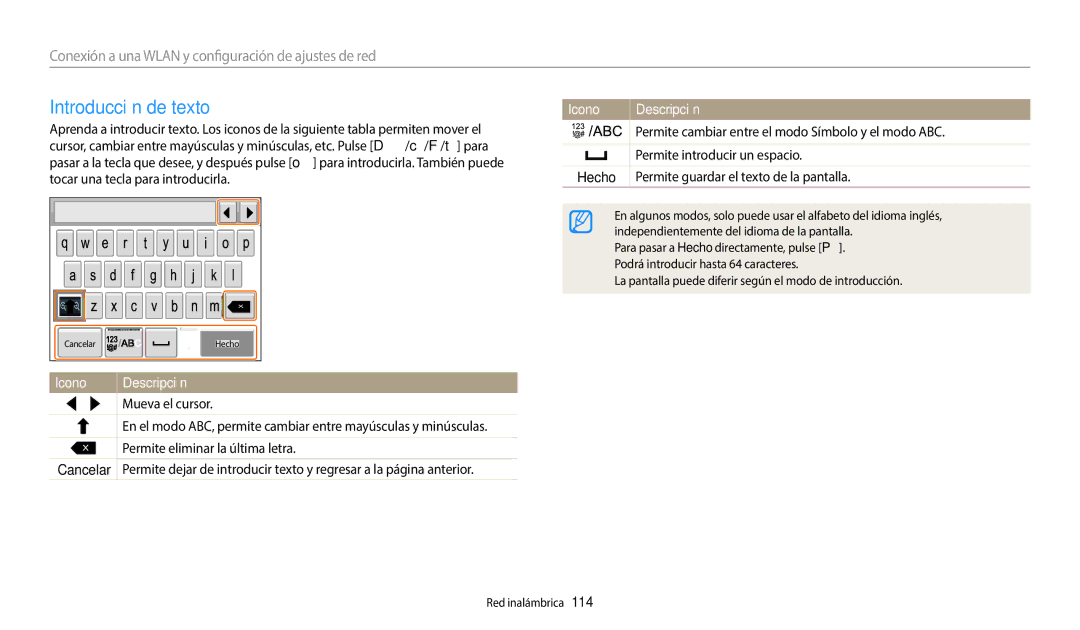 Samsung EC-WB380FBPBE1, EC-WB380FBPWE1 Introducción de texto, Permite cambiar entre el modo Símbolo y el modo ABC, Hecho 