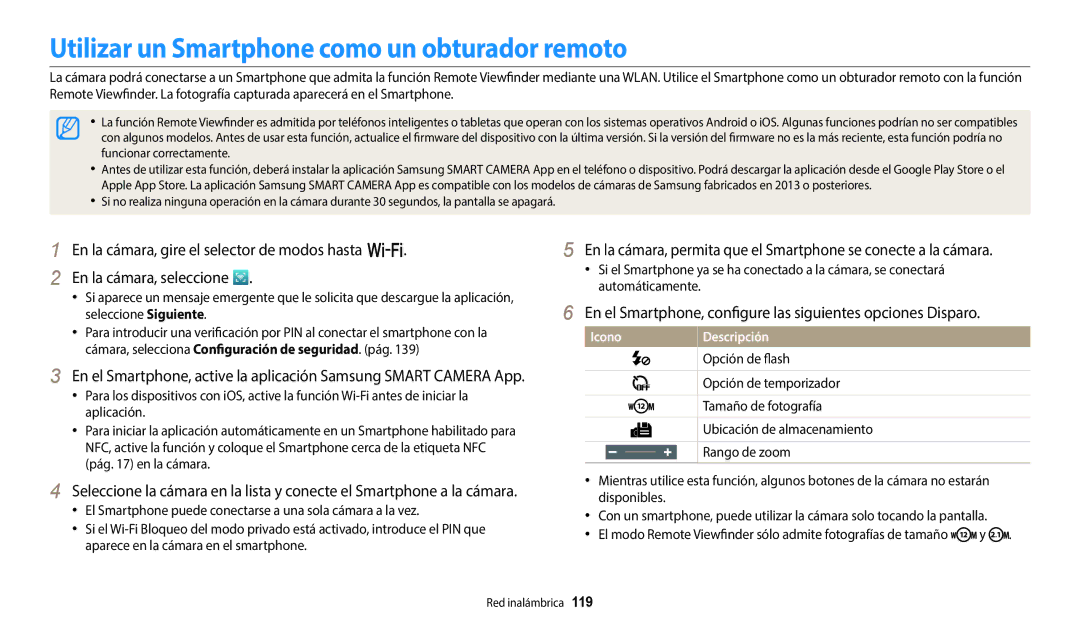 Samsung EC-WB380FBPWE1, EC-WB380FBPBE1 manual Utilizar un Smartphone como un obturador remoto 