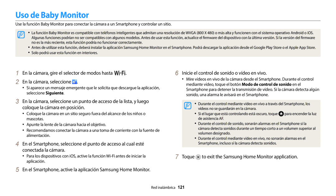 Samsung EC-WB380FBPWE1, EC-WB380FBPBE1 manual Uso de Baby Monitor, Toque to exit the Samsung Home Monitor application 