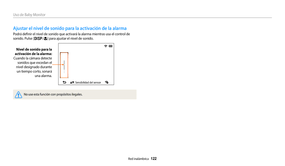 Samsung EC-WB380FBPBE1, EC-WB380FBPWE1 manual Ajustar el nivel de sonido para la activación de la alarma 