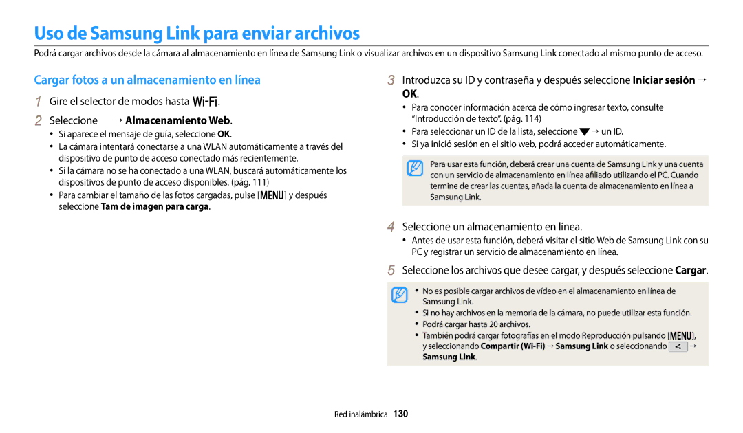 Samsung EC-WB380FBPBE1, EC-WB380FBPWE1 Uso de Samsung Link para enviar archivos, Cargar fotos a un almacenamiento en línea 