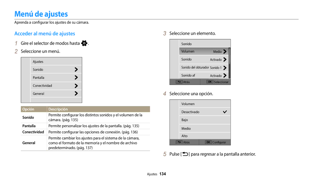 Samsung EC-WB380FBPBE1 Menú de ajustes, Acceder al menú de ajustes, Gire el selector de modos hasta n Seleccione un menú 