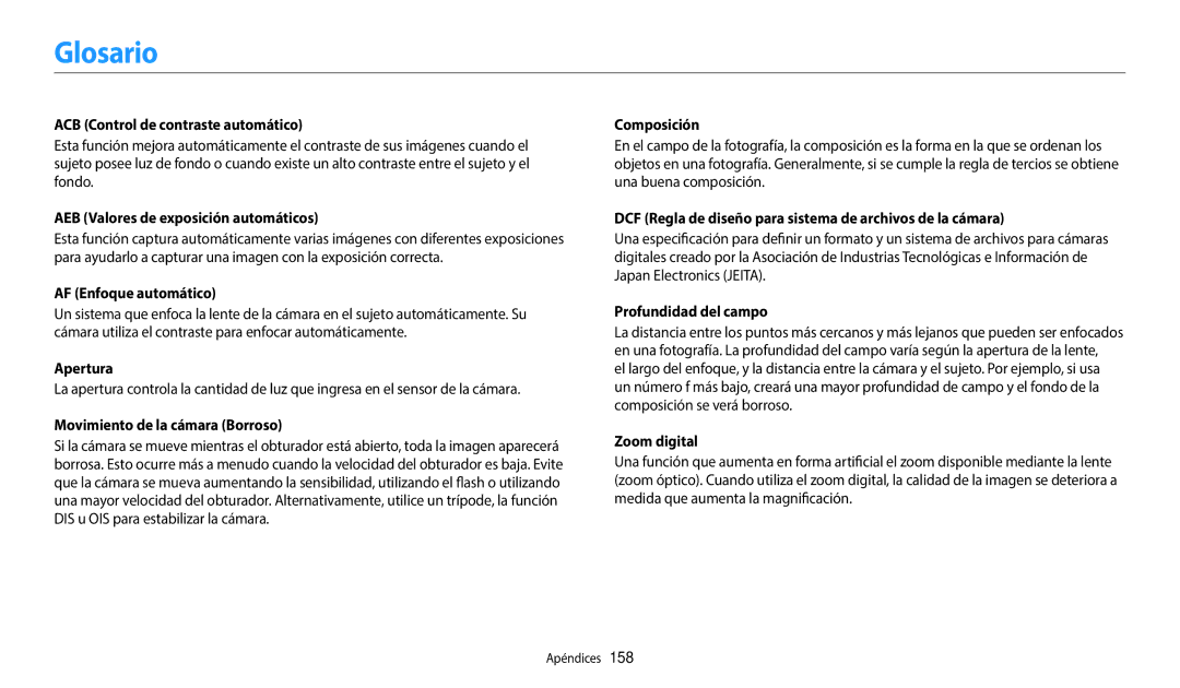 Samsung EC-WB380FBPBE1, EC-WB380FBPWE1 manual Glosario 