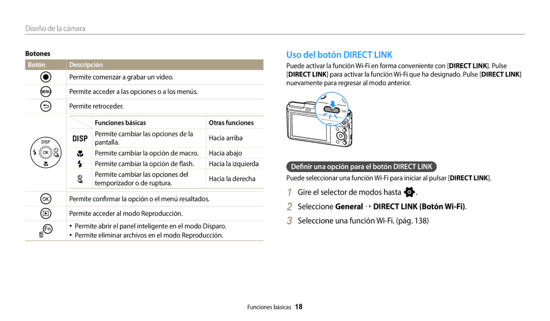 Samsung EC-WB380FBPBE1 Uso del botón Direct Link, Gire el selector de modos hasta n, Seleccione una función Wi-Fi. pág 
