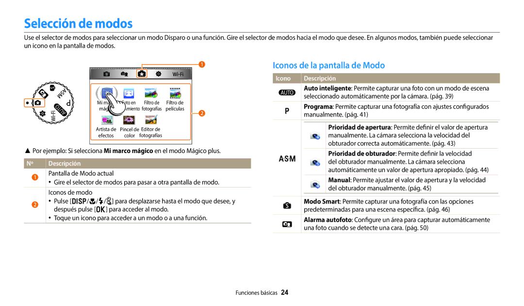 Samsung EC-WB380FBPBE1, EC-WB380FBPWE1 manual Selección de modos, Iconos de la pantalla de Modo 