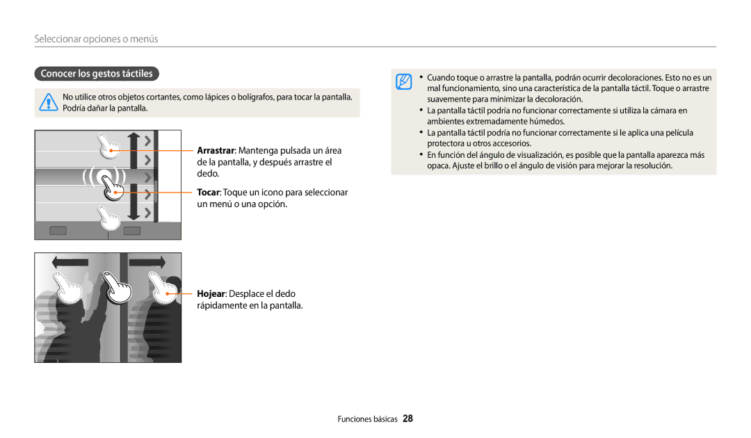 Samsung EC-WB380FBPBE1, EC-WB380FBPWE1 manual Conocer los gestos táctiles 