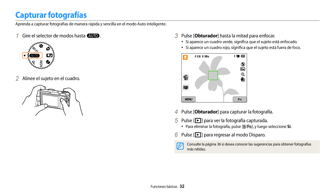 Samsung EC-WB380FBPBE1, EC-WB380FBPWE1 manual Capturar fotografías, Pulse P para regresar al modo Disparo 