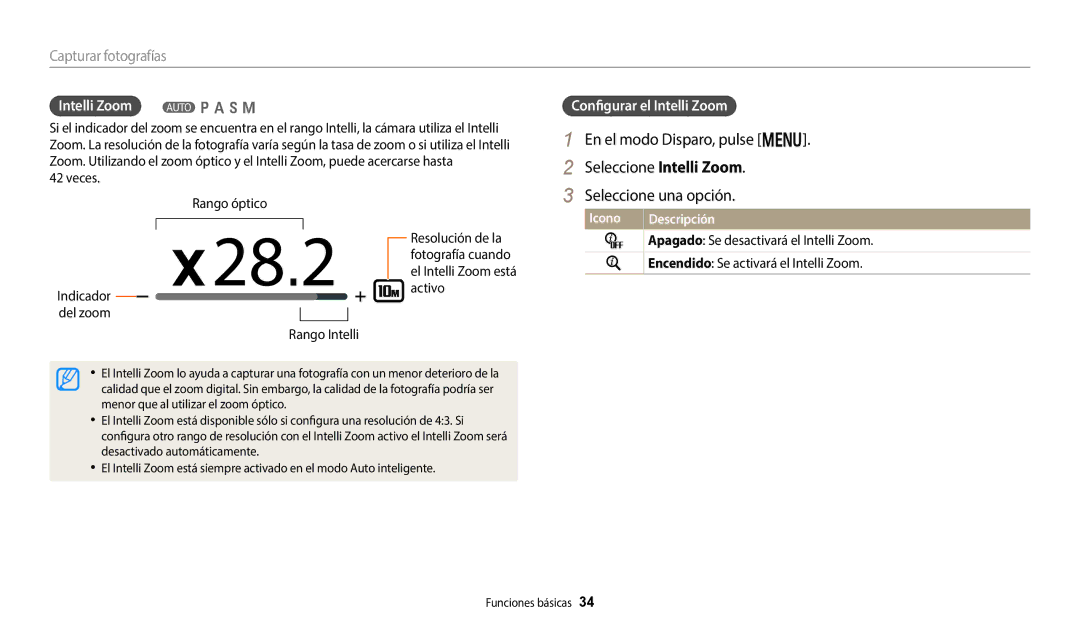 Samsung EC-WB380FBPBE1 Seleccione Intelli Zoom, Intelli Zoom T p a h M, Configurar el Intelli Zoom, Veces, Rango óptico 