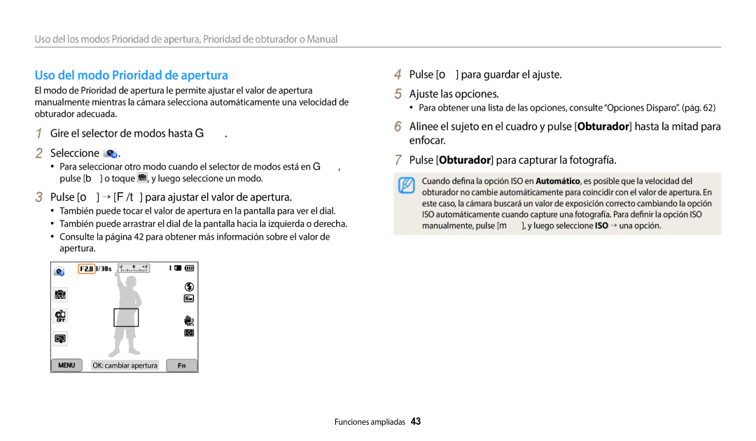 Samsung EC-WB380FBPWE1, EC-WB380FBPBE1 Uso del modo Prioridad de apertura, Gire el selector de modos hasta G Seleccione 