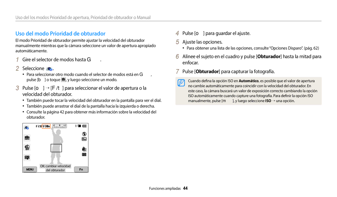 Samsung EC-WB380FBPBE1, EC-WB380FBPWE1 manual Uso del modo Prioridad de obturador 