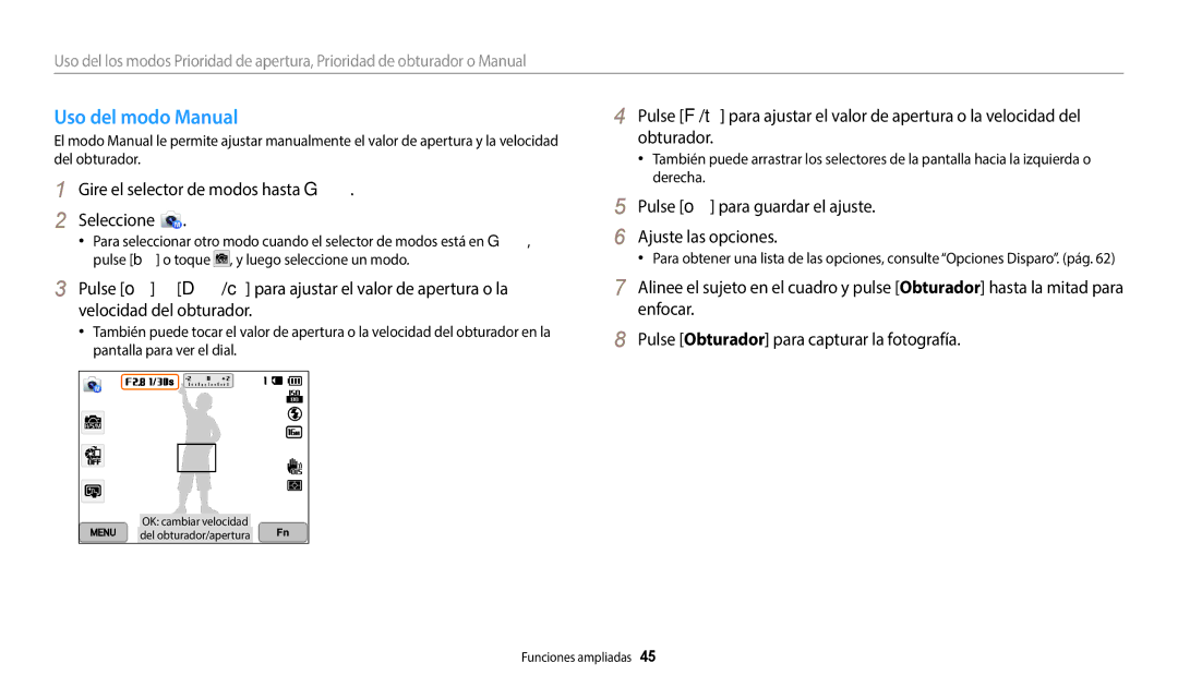 Samsung EC-WB380FBPWE1, EC-WB380FBPBE1 manual Uso del modo Manual 