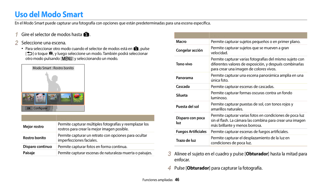 Samsung EC-WB380FBPBE1 Uso del Modo Smart, Gire el selector de modos hasta s Seleccione una escena, Opción Descripción 