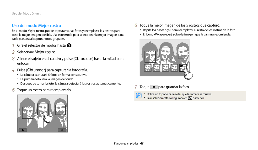 Samsung EC-WB380FBPWE1, EC-WB380FBPBE1 manual Uso del modo Mejor rostro, Toque para guardar la foto 