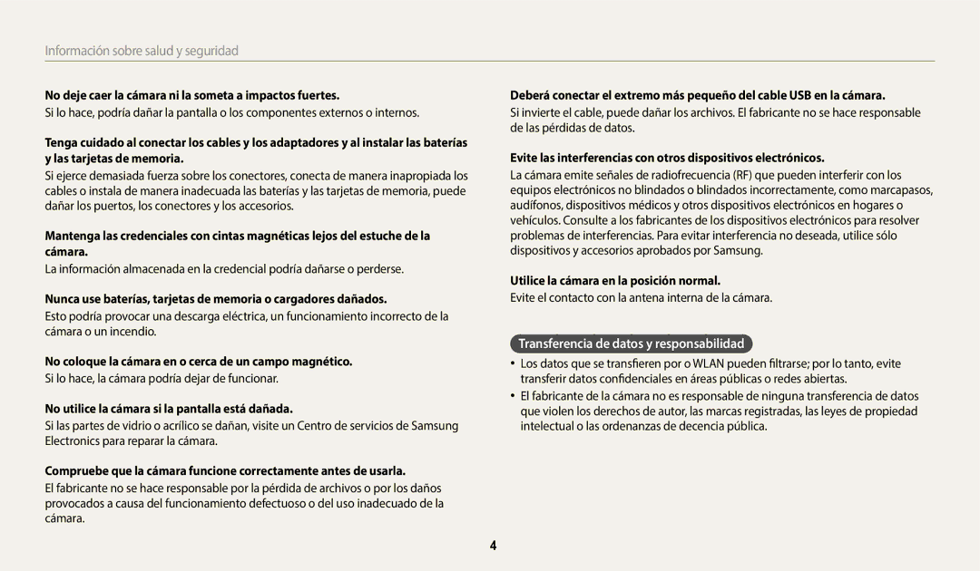 Samsung EC-WB380FBPBE1 Transferencia de datos y responsabilidad, No deje caer la cámara ni la someta a impactos fuertes 