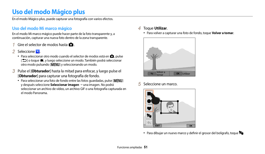 Samsung EC-WB380FBPWE1 manual Uso del modo Mágico plus, Uso del modo Mi marco mágico, Toque Utilizar, Seleccione un marco 