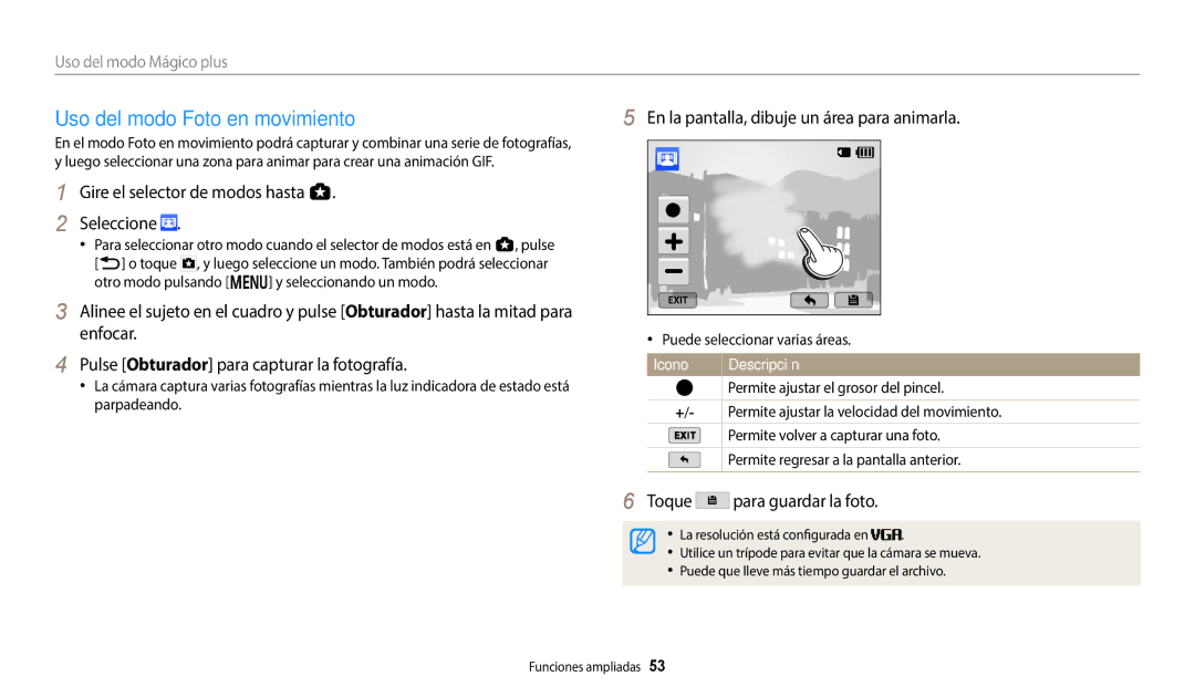 Samsung EC-WB380FBPWE1, EC-WB380FBPBE1 manual Uso del modo Foto en movimiento, En la pantalla, dibuje un área para animarla 