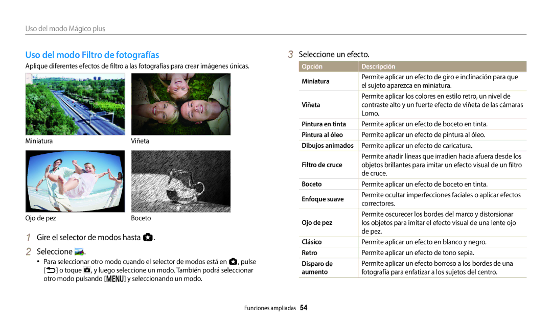 Samsung EC-WB380FBPBE1, EC-WB380FBPWE1 manual Uso del modo Filtro de fotografías, Seleccione un efecto 