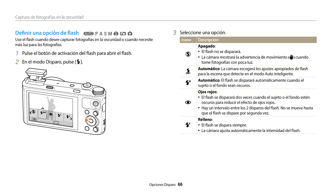 Samsung EC-WB380FBPBE1, EC-WB380FBPWE1 manual Definir una opción de flash T p a h M s i g, Apagado, Ojos rojos, Relleno 