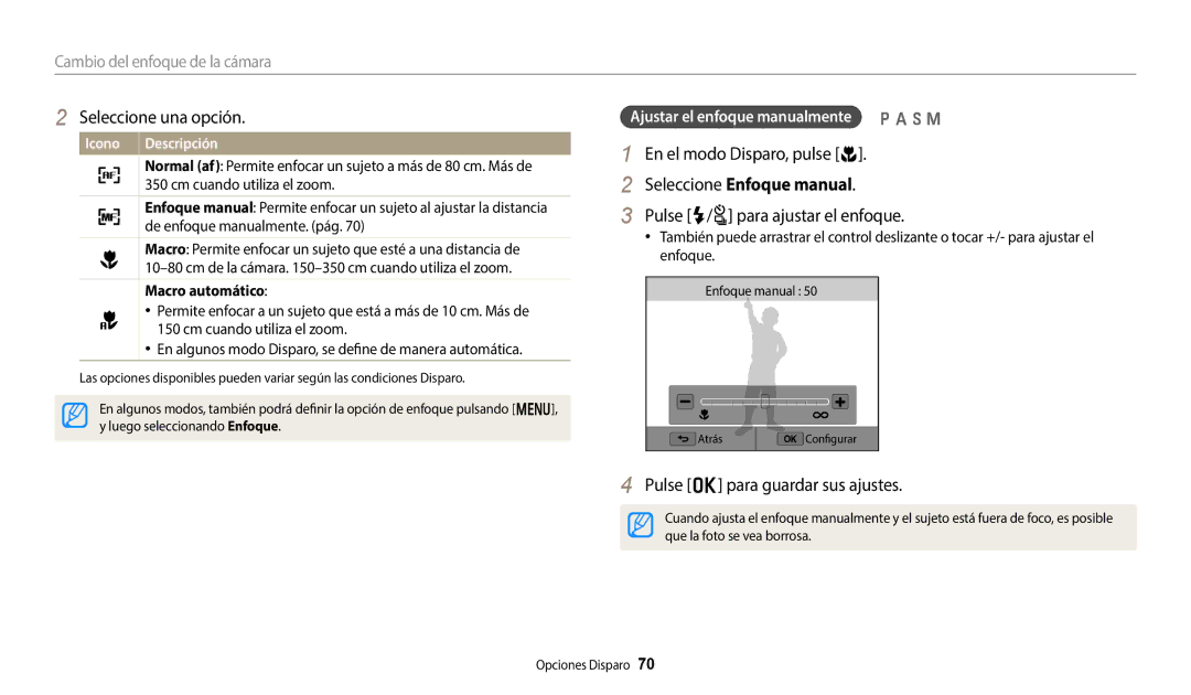 Samsung EC-WB380FBPBE1, EC-WB380FBPWE1 Seleccione Enfoque manual, Pulse F/t para ajustar el enfoque, Macro automático 