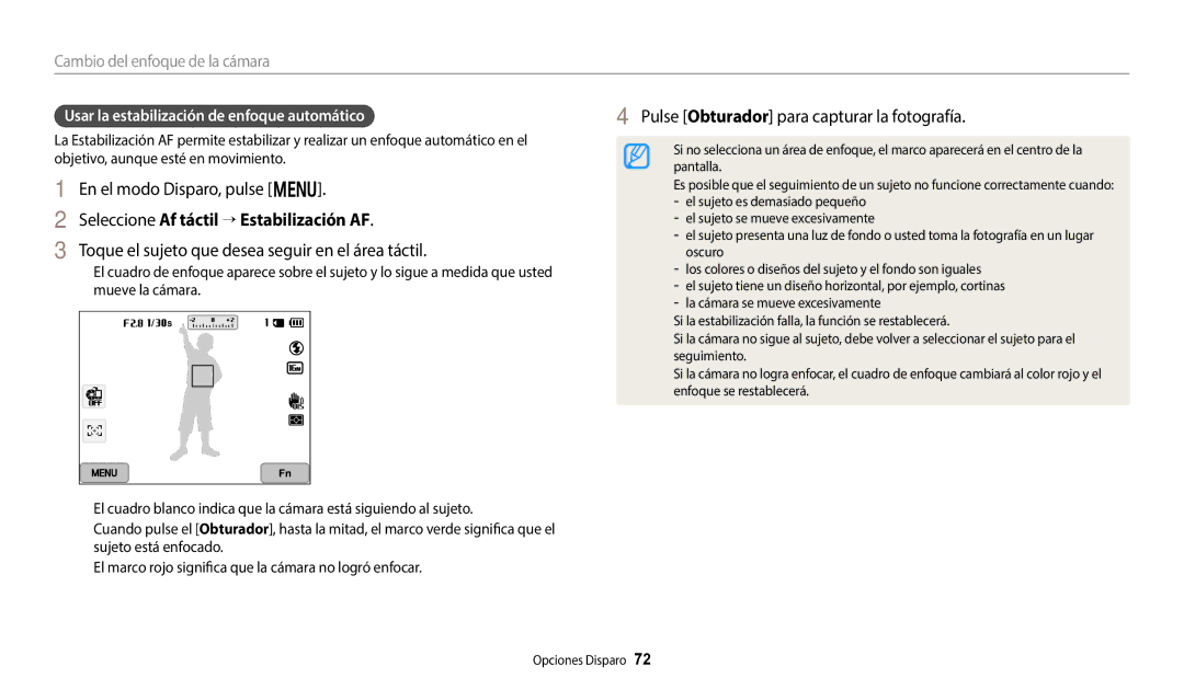 Samsung EC-WB380FBPBE1 manual Seleccione Af táctil → Estabilización AF, Toque el sujeto que desea seguir en el área táctil 