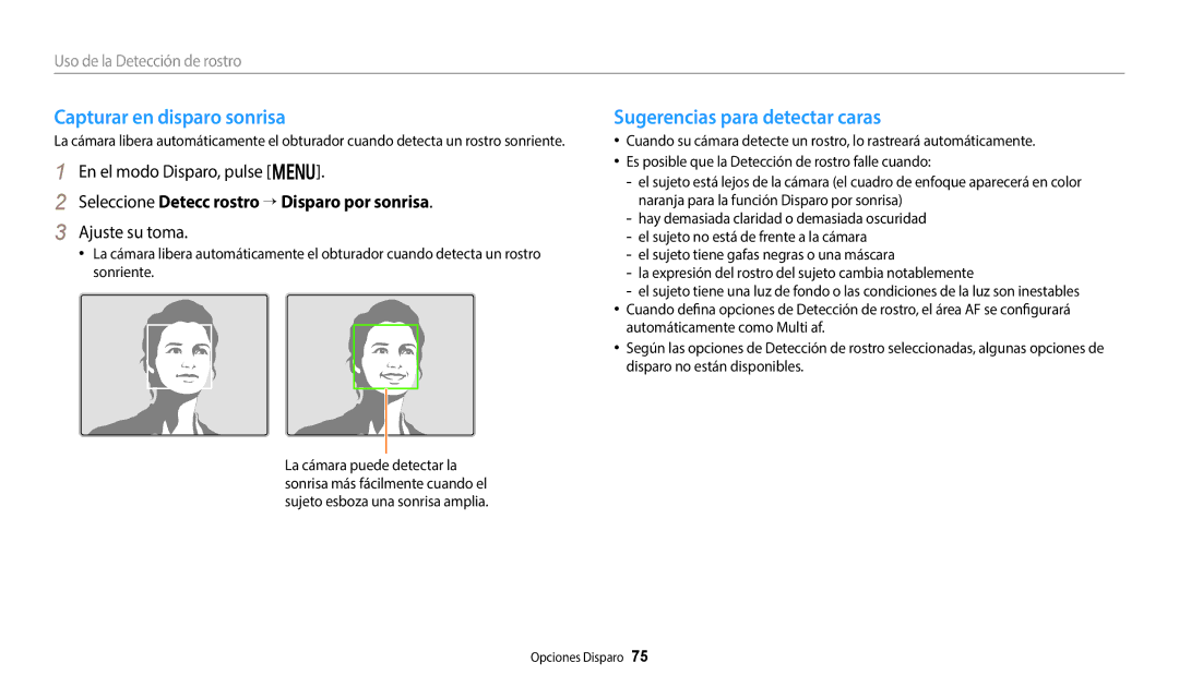 Samsung EC-WB380FBPWE1, EC-WB380FBPBE1 manual Capturar en disparo sonrisa, Sugerencias para detectar caras, Ajuste su toma 