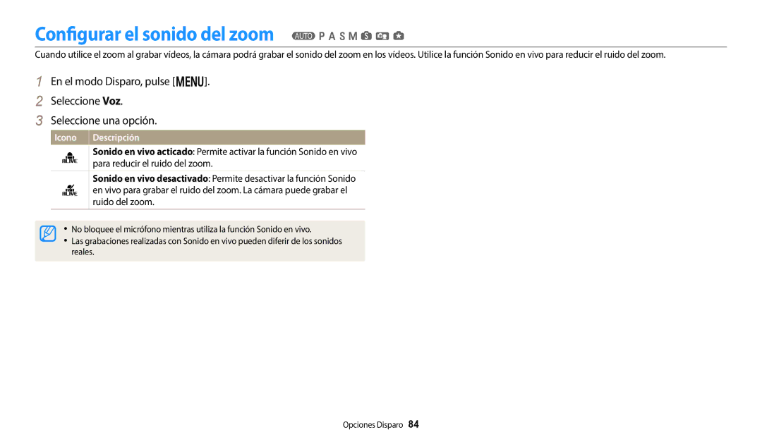 Samsung EC-WB380FBPBE1, EC-WB380FBPWE1 manual Configurar el sonido del zoom T p a h M s i g, Icono Descripción 