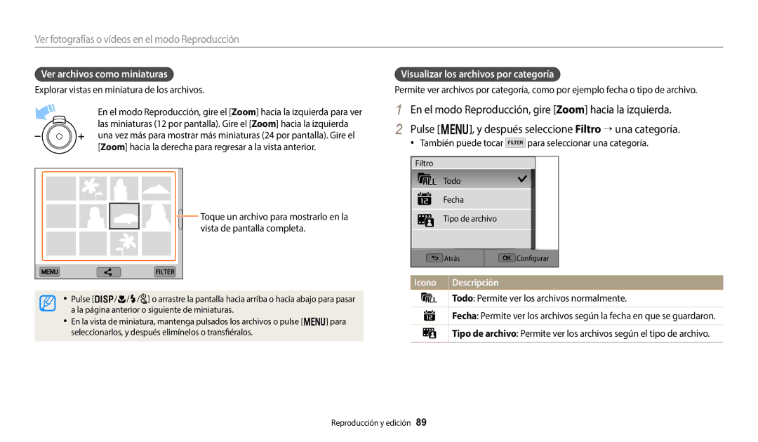 Samsung EC-WB380FBPWE1, EC-WB380FBPBE1 manual Ver archivos como miniaturas, Visualizar los archivos por categoría 