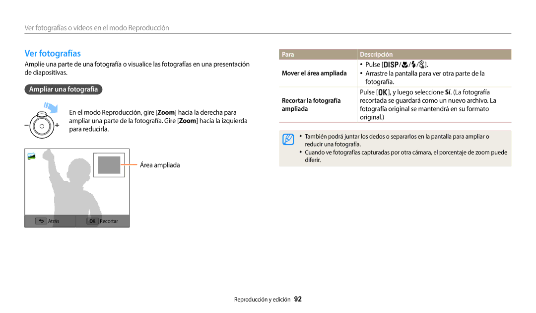 Samsung EC-WB380FBPBE1 manual Ver fotografías, Ampliar una fotografía, Para Descripción, Recortar la fotografía, Ampliada 