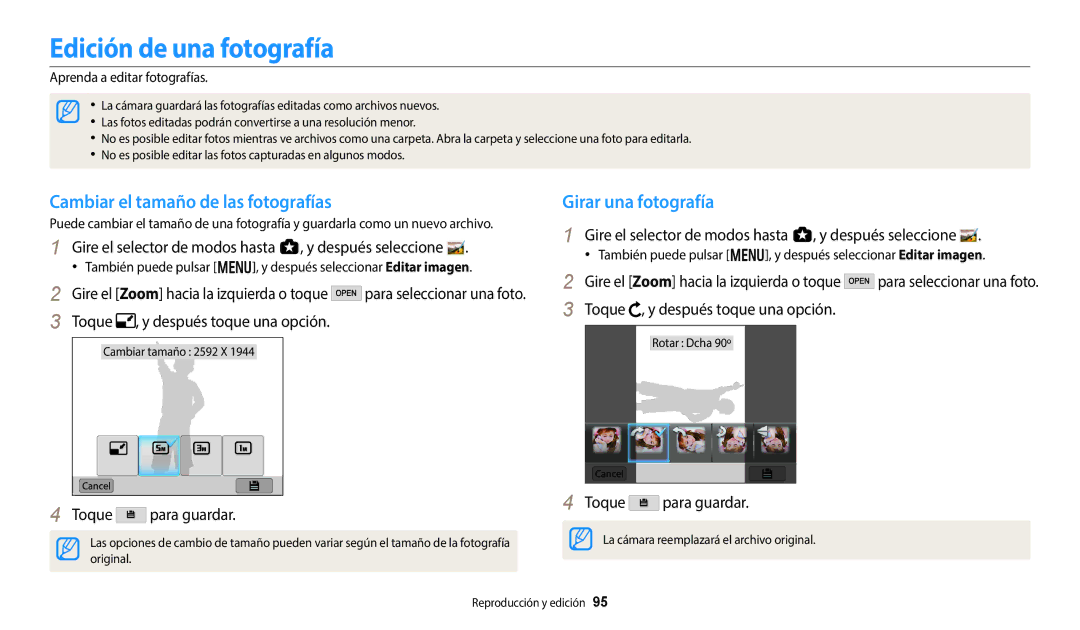 Samsung EC-WB380FBPWE1 manual Edición de una fotografía, Cambiar el tamaño de las fotografías, Girar una fotografía 