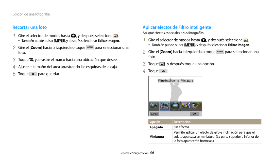 Samsung EC-WB380FBPBE1 Recortar una foto, Aplicar efectos de Filtro inteligente, Opción Descripción Apagado Sin efectos 